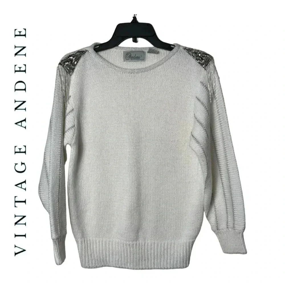 1479.‎ VINTAGE ANDENE LONG SLEEVE SEQUIN/BEADING SWEATER WHITE/SILVER IN COLOR